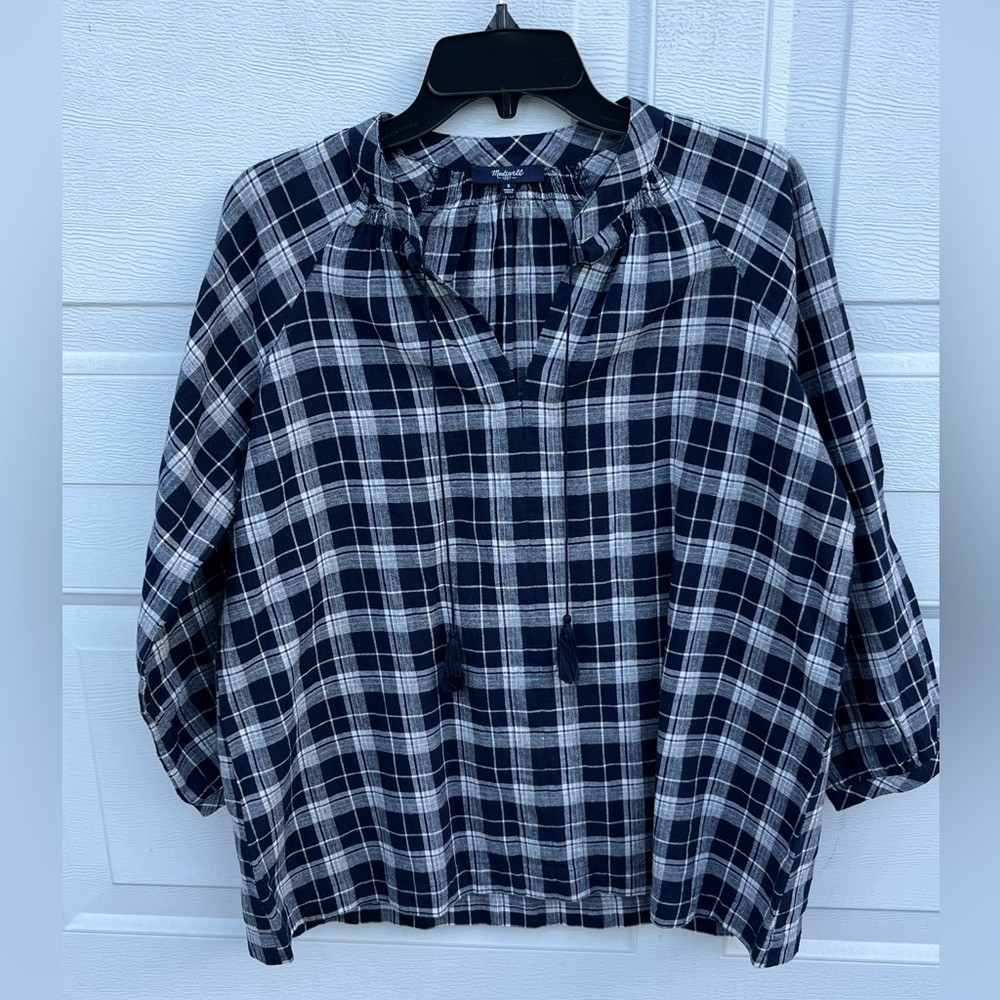 Madewell Womens Camelia Tassel Top Dorian Plaid Navy White S